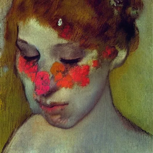 Image similar to Woman , in flowers on her face, Edgar Degas style