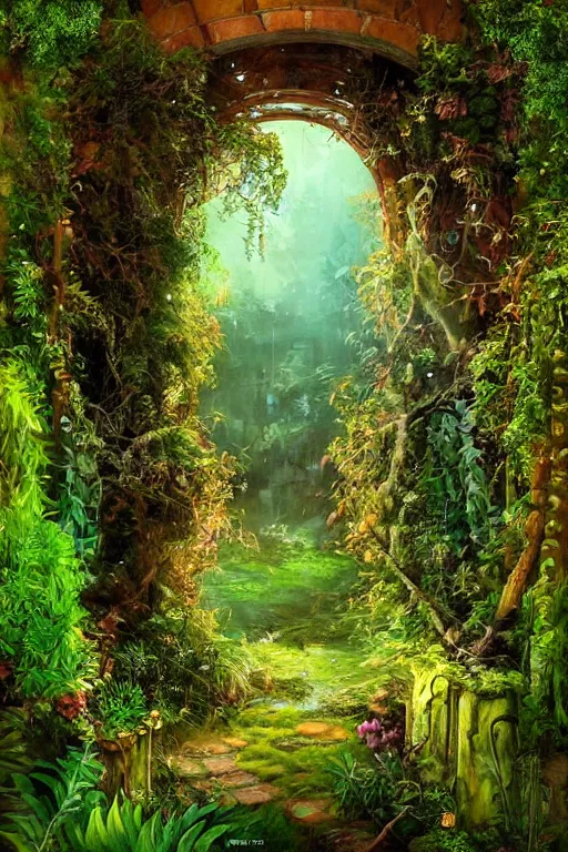 Image similar to photograph of a secret garden through a doorway, nature, lush, greenery, fantasy, fantasy aesthetic, fantasy vibe, colorful, faded effect, artstation, trending, detailed, small details, scenery,