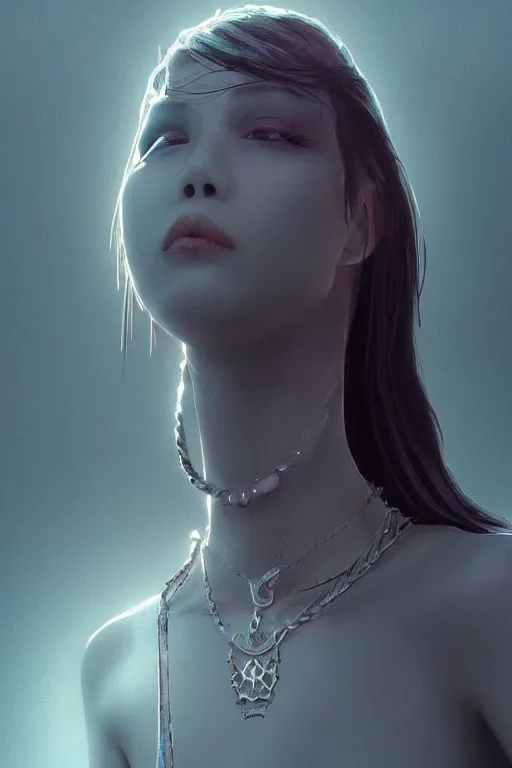 Prompt: necklace from flesh cut off fingers, around the neck : 6 character design : 2 midnight, illusion, stunning, breathtaking, majestic, asian fantasy, digital render, line art, unreal engine, de - noise, 8 k, volumetric lighting, symmetrical, pronounced features, detailed contrast, scattered mist, glow 3 d alejandro alvarez alena aenami