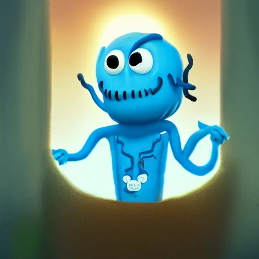 Image similar to portrait of a photorealistic version of mr meeseeks, golden hour, detailed matte painting, cinematic, in the style of Simon Dewey, artstation,