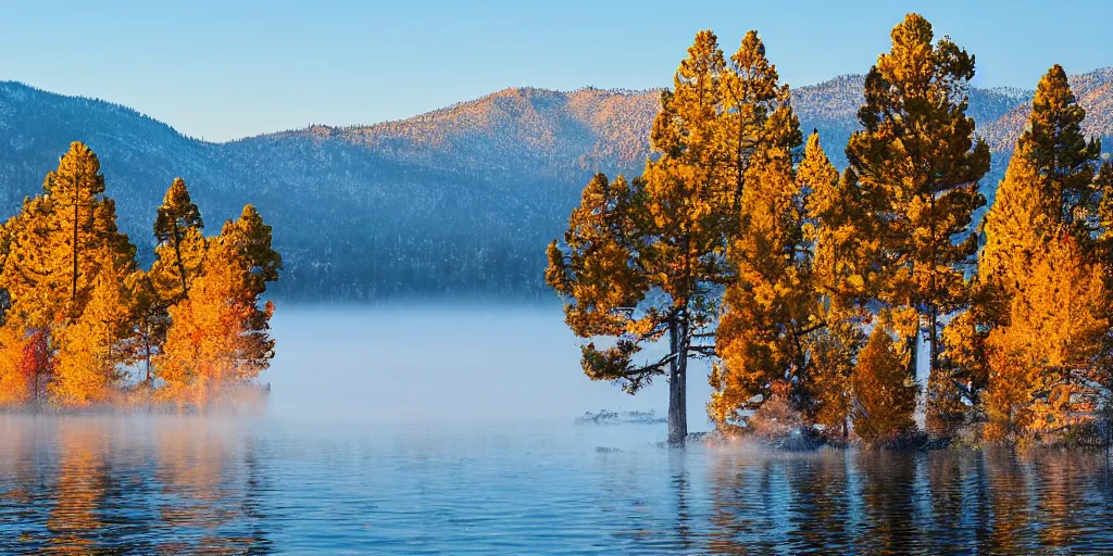 Prompt: serene view from the bank of Lake Tahoe in autumn with brightly colored trees, sunrise with slight fog over the water