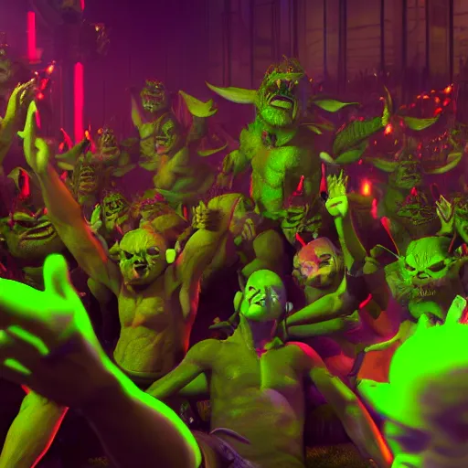 Prompt: goblins partying at a rave, green skin, mosh pit, goblin dance club, octane render, 8 k, fantasy