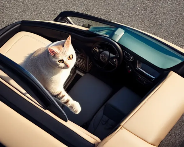 Prompt: top view of cabriolet with open roof, cat sitting in driver seat with paws resting on steering wheel, golden hour