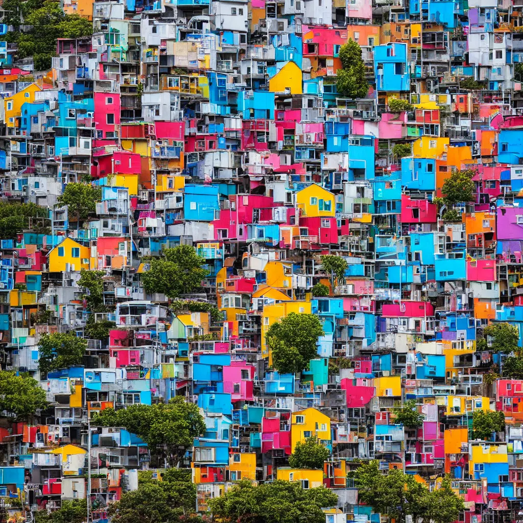 Prompt: a vertical building made up of various colourful makeshift squatter shacks, sony a 7 r 3, f 1 1, fully frontal view, photographed by jeanette hagglund, ultra detailed,
