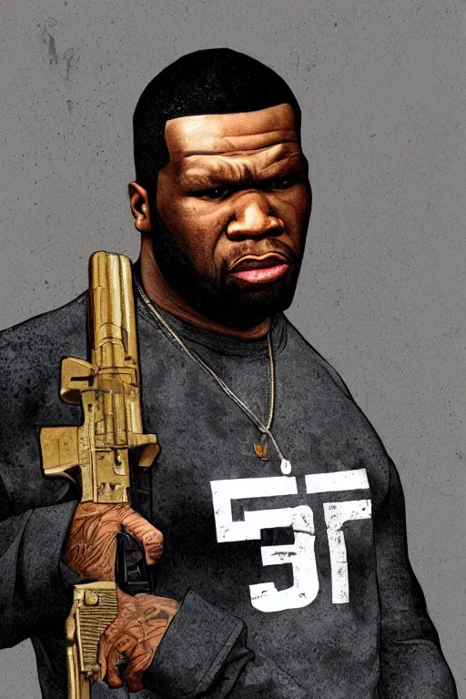 Prompt: a medium shot portrait of 5 0 cent as a gta 4 character, he's holding a rifle. intricate detail, trending on artstationhq
