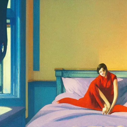 Prompt: close - up of a book in levitation above her bed vibrant by akihiko yoshida and edward hopper