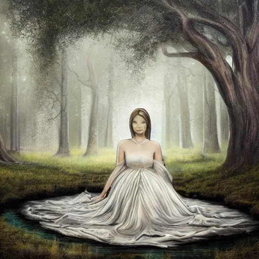 Prompt: a painting of a girl in a white dress sitting on the roots of a gigantic ancient tree next to a pond, surrounded by a towering dark forest, the moon can be glimpsed through the trees and is veiled by fog, midnight, dark fantasy, fantasy forest, spooky forest