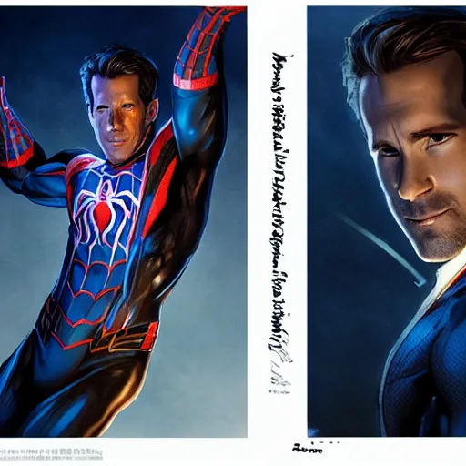 Image similar to ryan reynolds as a black and blue suit spider - man, cinematic, volumetric lighting, f 8 aperture, cinematic eastman 5 3 8 4 film, photorealistic by greg rutkowski, by stanley artgerm, by alphonse mucha