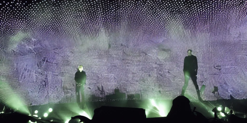 Image similar to Thom Yorke singer songwriter, Radiohead group of people on stage playing instruments, elaborate stage effects, dust, smoke, giant LED screens, colored projections, ultrafine detail, glowing thin wires, smoke, high contrast, projections, a screenshot by David Gilmour Blythe, holography, tesseract, volumetric lighting, anamorphic lens flare