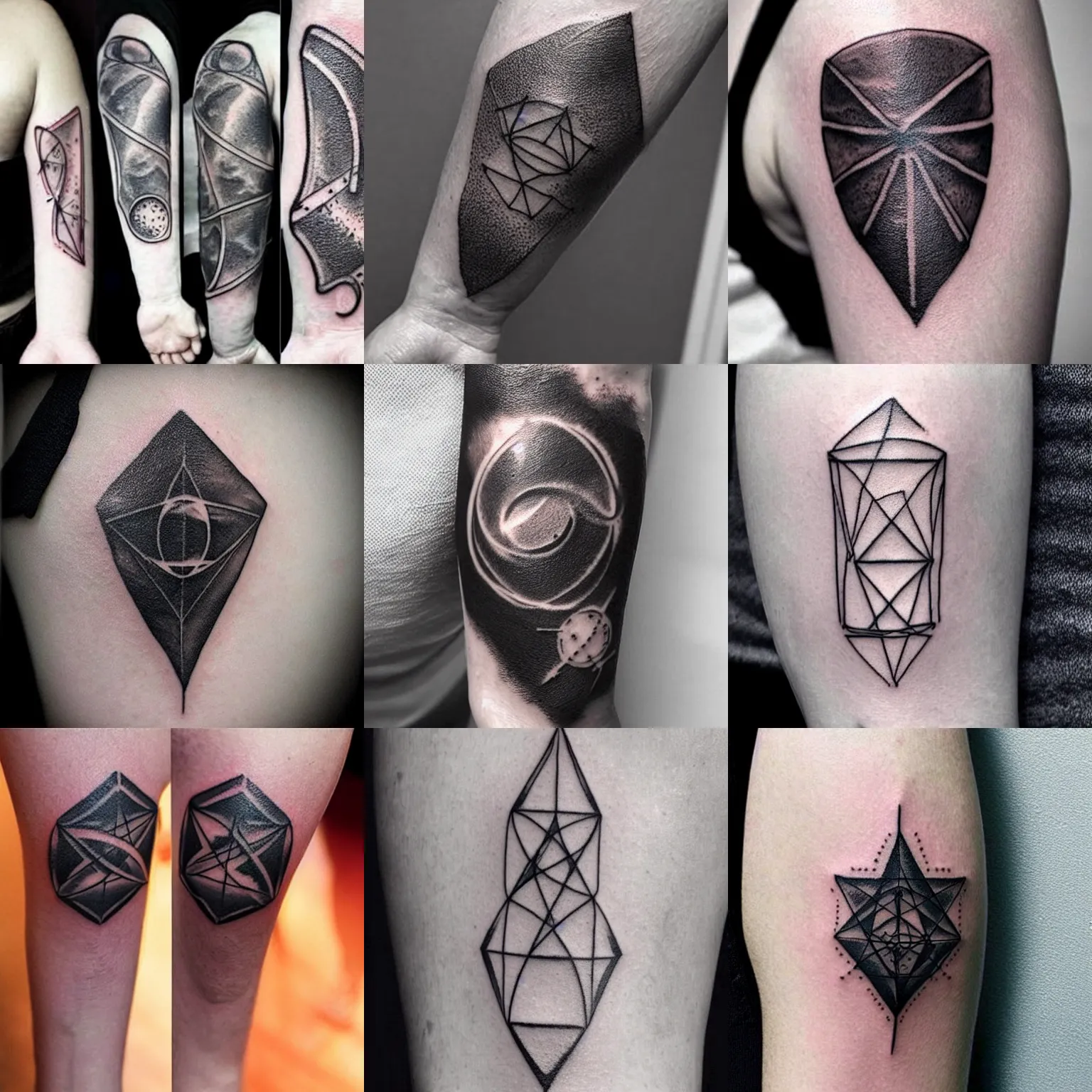 Prompt: small black tattoo of quantum physics, science, futuristic, realistic, very detailed
