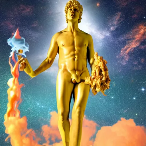 Prompt: the statue of helios in a business suit smoking a cigarette in space, vaporwave, chromatic abberation, highly detailed