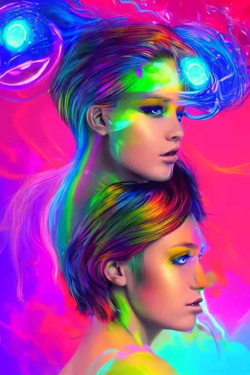 Image similar to a award winning half body portrait of a beautiful woman with stunning eyes in a croptop and cargo pants with rainbow colored ombre hairstyle head in motion and hair flying by thomas danthony, surrounded by whirling illuminated liquids, outrun, vaporware, shaded flat illustration, digital art, trending on artstation, highly detailed, fine detail, intricate