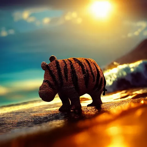 Prompt: a closeup photorealistic photograph of a cute knitted tiger hippopotamus riding an epic wave during sunset. well textured. surf in the background. professional capture. brightly lit scene. this 4 k hd image is trending on artstation, featured on behance, well - rendered, extra crisp, features intricate detail, epic composition and the style of unreal engine.