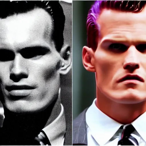 Image similar to max headroom as the american psycho, bateman stare, cinematic still