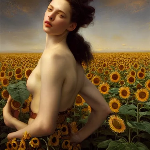 Prompt: highly detailed oil painting | very intricate | cinematic lighting | award - winning | the sunflower field | by roberto ferri, by tom bagshaw, by j. c. leyendecker and klimt, beautiful cinematic light, american romanticism, by austin osman spare, artstation, cgsociety, official art, octane