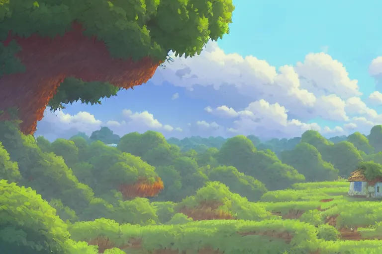 Image similar to landscape, summer, morning, beautiful cloud, quiet, no people, Ghibli, Anime Background, Miyazaki Hayao, concept art, illustration,smooth, sharp focus, intricate, super wide angle, trending on artstation, trending on deviantart, pixelart, pixelperfect, pixel art, pixel, color limit