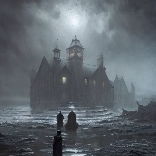 Image similar to shadow over innsmouth, painted by seb mckinnon, high detail, dramatic light, digital art, painted by greg rutkowski, promotional movie posterart, trending on artstation