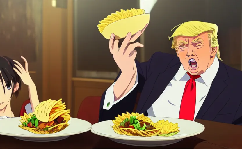 Image similar to beautiful makoto shinkai anime style digital film still portrait of donald trump eating a taco bowl, 4 k, 8 k, hd, high resolution, highly detailed, intricate detail, ultra realistic faces, digital art, trending on artstation, your name, weathering with you