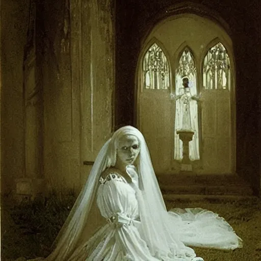 Image similar to picture of ghostly bride in front of an old wooden white church, 1 9 th century southern gothic scene, made by achenbach, andreas