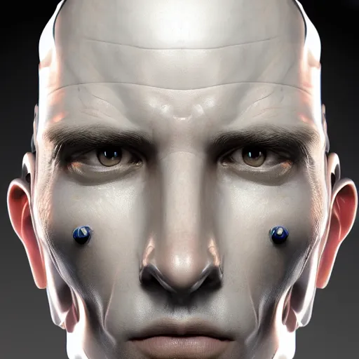 Image similar to portrait of a man with a robotic face,digital art,hyperdetailed,detailed face,photorealistic,professional lighting,studio camera,50mm lens,art by trevor henderson,artstation,deviantart