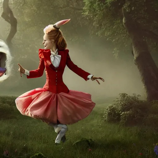 Image similar to tom cruise as Alice in Wonderland chasing the white rabbit, hyperrealistic, highly detailed, depth of field, High definition, 8k, octane render, artstation