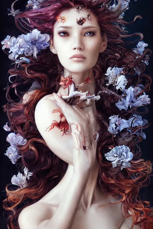 Image similar to portrait, headshot, insanely nice hair style, dramatic hair color, digital painting, gentle cyborg holding flowers , amber jewels, baroque, ornate clothing, scifi, realistic, hyperdetailed, chiaroscuro, concept art, art by Franz Hals and Jon Foster and Ayami Kojima and Amano and Karol Bak,