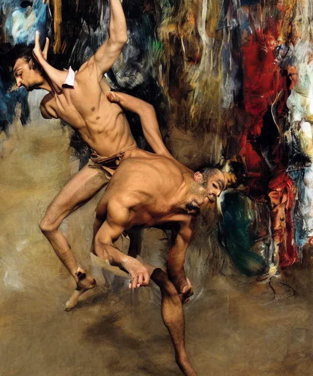 Prompt: a color photograph of persian young man dancing in his workplace, by nan goldin, painted over by jenny saville, out of place, intense, bold, exaggerated, over proportion, hyperrealistic, ultra sharp, extra details, ultra high quality,
