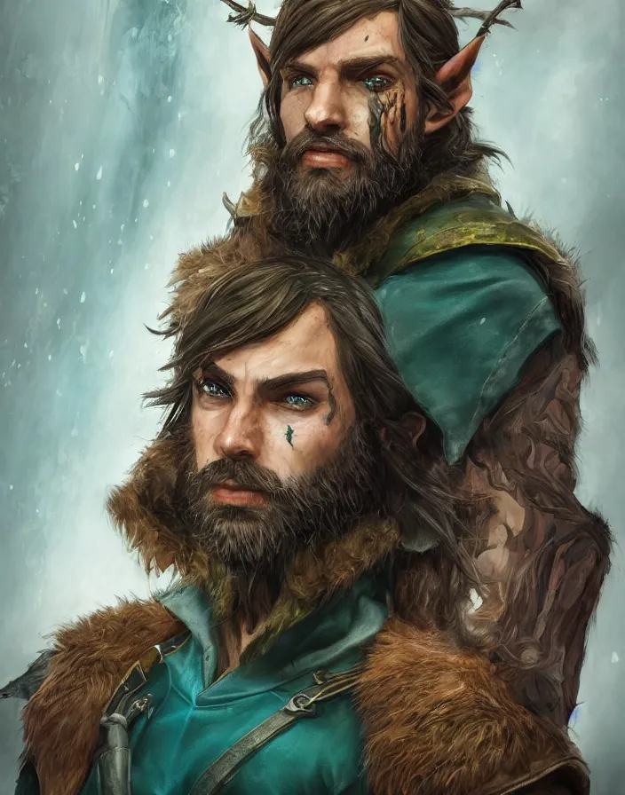Prompt: An epic fantastic realism comic book style portrait painting of an arrogant half elf ranger with shaggy brown hair, scruffy beard, scar on face, teal tunic, D&D Concept Art, unreal 5, DAZ, trending on deviantart hyperrealistic, octane render, cosplay, RPG portrait, dynamic lighting