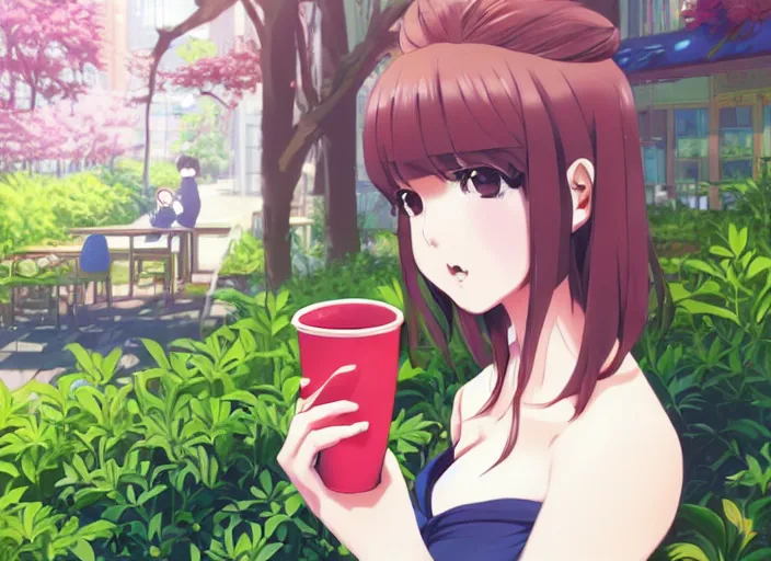Image similar to a cute young anime woman drinking coffee at a outdoor cafe, lush overgrowth, ivy, foliage, flowers, cute face by ilya kuvshinov, makoto shinkai, kyoani, masakazu katsura, dynamic pose, gelbooru, danboor, rounded eyes, anime poster, cel shaded, detailed facial features