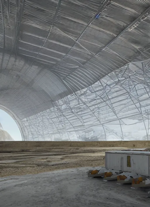 Prompt: interior hangar bioremediation white architecture, in the mining tailings of chuquicamata, epic, cinematic, hyperealistic, high detailed, corona render, hdr, ray tracing