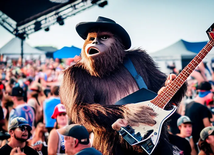 Image similar to photo still of sasquatch on stage at vans warped tour!!!!!!!! at age 4 8 years old 4 8 years of age!!!!!!! throwing rocks and berries at the crowd, 8 k, 8 5 mm f 1. 8, studio lighting, rim light, right side key light