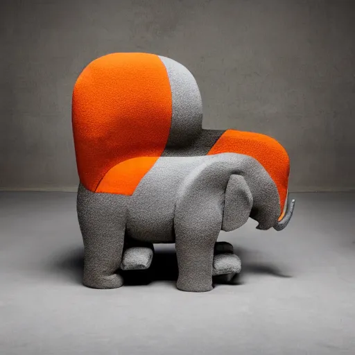 Image similar to an armchair in the shape of an elephant with grey and orange accents designed by antony gormley, advertising photography
