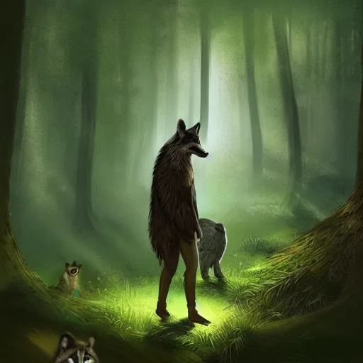 Image similar to a woodland druid in a forest with a wolf bird and racoon, photorealistic, in the style of greg rutkowski, digital painting