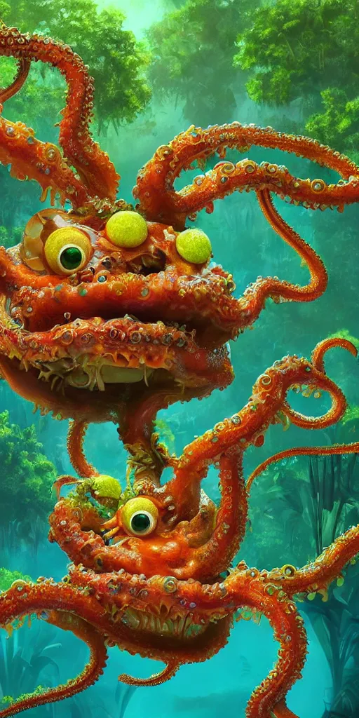 Image similar to of a tropical rainforest lake with strange cute friendly happy creatures with huge eyes, mouth, long tongue, round teeth and tentacles appearing from sandy coral, in the style of gehry and gaudi, macro lens, shallow depth of field, ultra detailed, digital painting, trending artstation, concept art, illustration, cinematic lighting, photorealism, epic, octane render