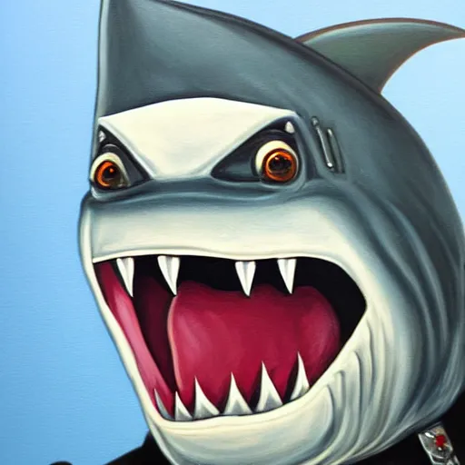 Prompt: detailed painting of a terrifying shark dressed as a police officer, nightmare, lapd