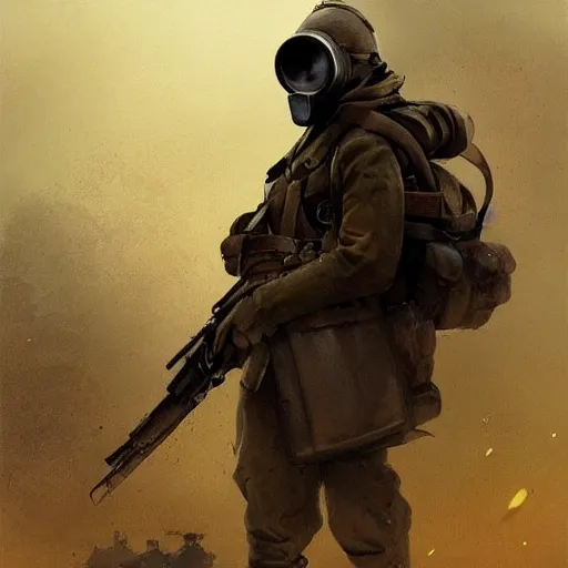 Prompt: a russian soldier from world war two wearing a gas mask,digital art,art by greg rutkowski,artstation,eerie