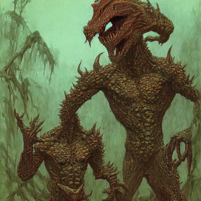 Prompt: a full body portrait of lizardman warrior, concept art, tribal, detailed forest background, portrait by beksinski and moebius, background by beksinski