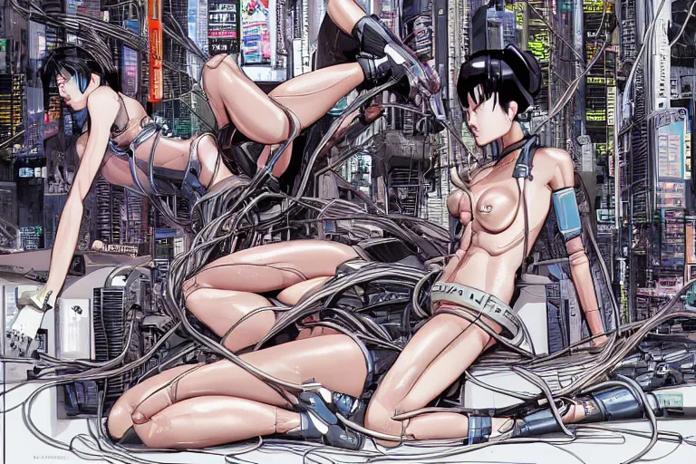 Image similar to a finely composed cyberpunk illustration of a group of female androids in style of hajime sorayama, lying on an abstract, empty, white floor with their body parts scattered around and cables and wires coming out, by katsuhiro otomo and masamune shirow, hyper-detailed, intricate, colorful, view from above, wide angle, close up, beautiful