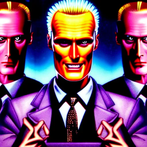 Prompt: uhd hyperrealistic photorealisitc detailed image of cosmic max headroom with sparking, busted, broken cybernetic implants, correct face, matt frewer as max headroom by ayami kojima, amano, karol bak, greg hildebrandt and mark brooks