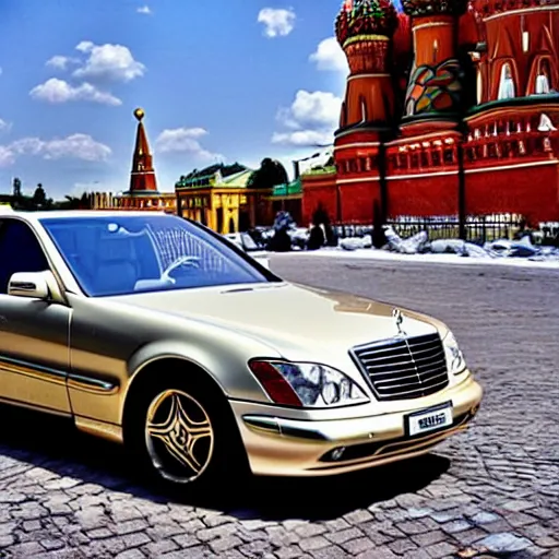 Image similar to gold Mercedes-Benz s500 long in the body 220 (w220) 2002 old year is located on the red square in Moscow