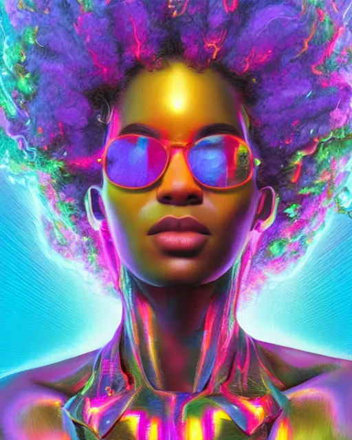 Image similar to a powerful energy psychedelic matrix afro american woman, by alexander fedosav, hyper detailed digital matte painting, concept art, hyperrealism, 1 6 k resolution, cinema 4 d, 8 k resolution, trending on artstation, behance hd, a masterpiece, by stephan martiniere, particles, cel - shaded, power bright neon energy, by david a. hardy