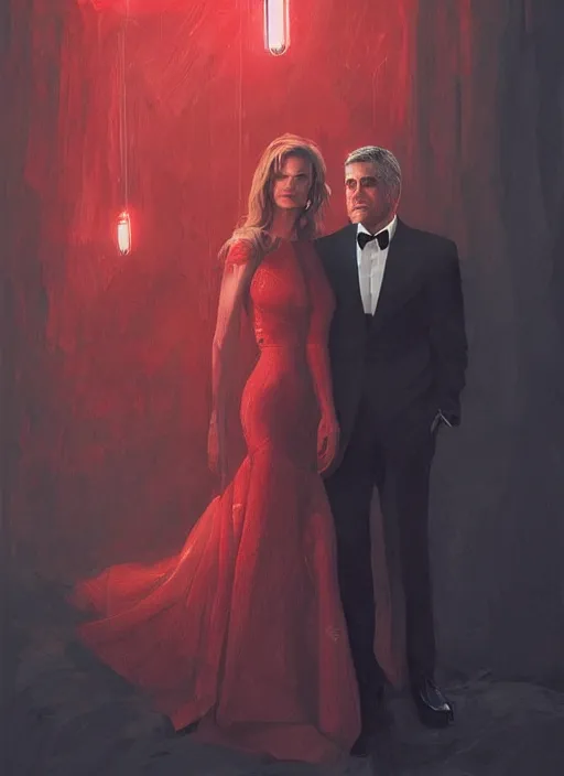 Image similar to portrait of george clooney wearing a formal black suit and kim basinger wearing a red dress in love, intricate, elegant, glowing lights, highly detailed, digital painting, artstation, glamor pose, concept art, smooth, sharp focus, illustration, art by wlop and greg rutkowski