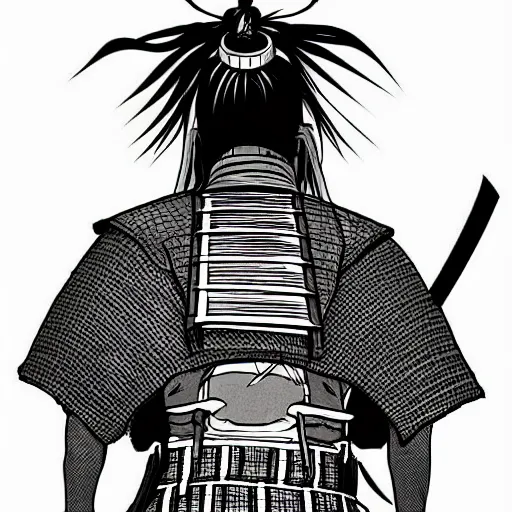 Prompt: A FULL BODY PORTRAIT FROM BEHIND OF A SAMURAI FROM MANGA VAGABOND, ,detailed, concept art, ink style , sketch black and white colors