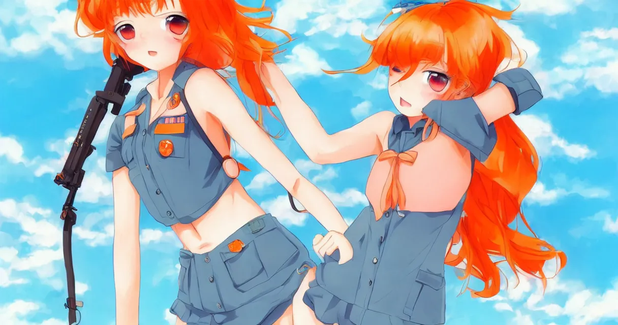Image similar to very beautiful young anime girl with short orange hair, dressed in soviet pioneer uniform, full body, long wavy blonde hair, sky blue eyes, full round face, bikini, miniskirt, front view, middle, highly detailed, colored manga drawing by wlop popular on artstation