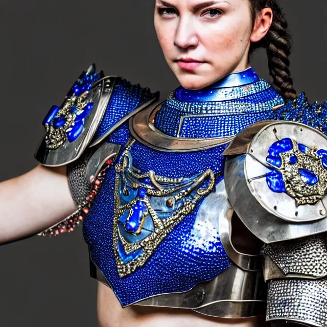 Image similar to photo of a beautiful cute strong warrior queen wearing sapphire encrusted armour, highly detailed, 8 k, hdr, smooth, sharp focus, high resolution, award - winning photo