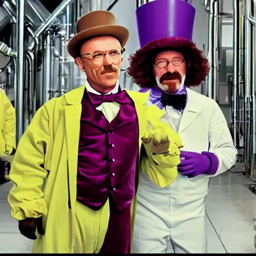 Image similar to Willy Wonka with Walter White dressed in hazmat suits in the chocolate factory, photorealism, 8k