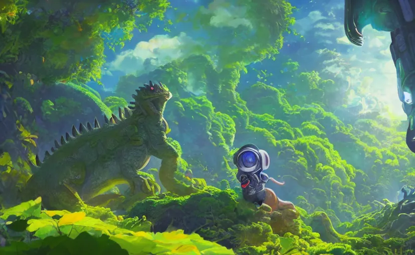 Prompt: a still of a cute adorable tiny astronaut, on a planet of lush colorful foliage, with an enormous kaiju dragon surrounding the full background, magical forest, sharp focus, neon backlit, highly detailed, disney pixar studio ghibli makoto shinkai, digital painting, matte, octane render, cinematic bloom, global illumination, iridescent, anime, 8 k concept art