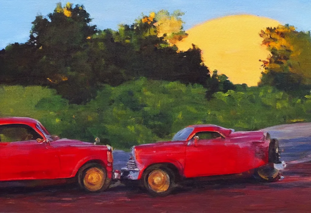 Image similar to red car, driving, golden hour, brush strokes, peaceful, oil painting