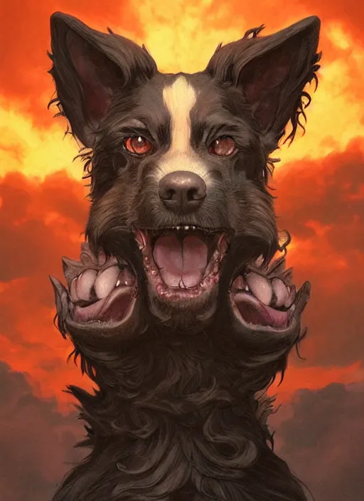 Prompt: cerberus three headed dog of the underworld, snarling hairy beast, sinister portrait, highly detailed, digital painting, artstation, concept art, matte, sharp focus, illustration, dramatic, cinematic sunset, hearthstone, art by artgerm and greg rutkowski and alphonse mucha