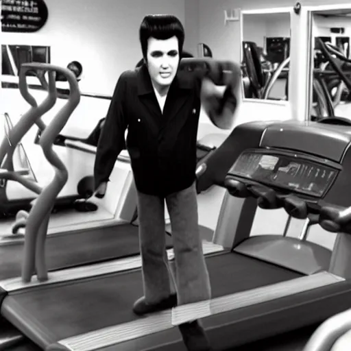 Prompt: Elvis at the gym having fun.